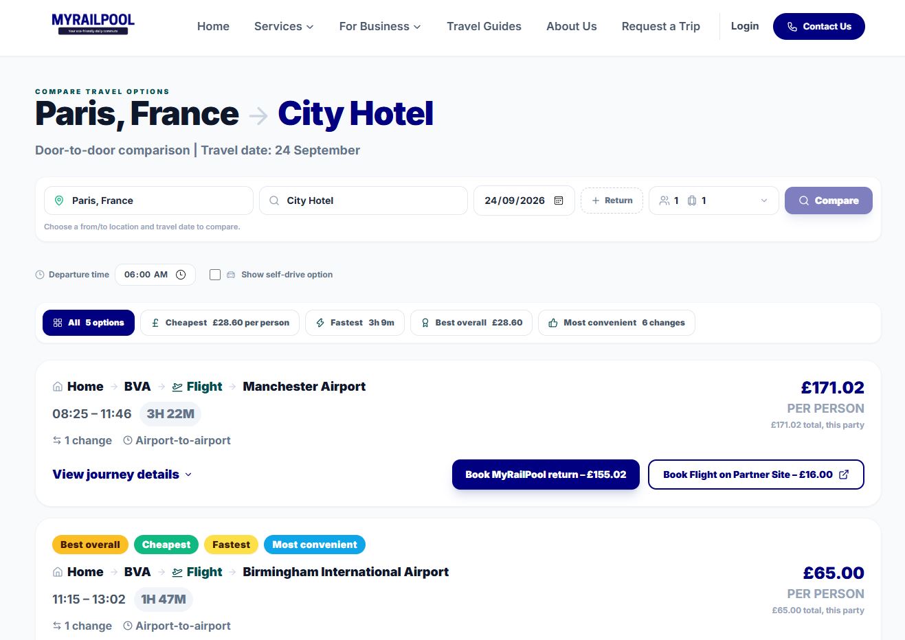 MyRailPool compare page showing travel options to a hotel